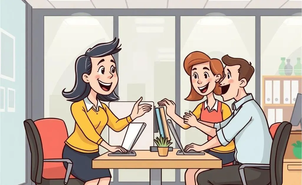 Cartoon of employees helping each other in an office environment.