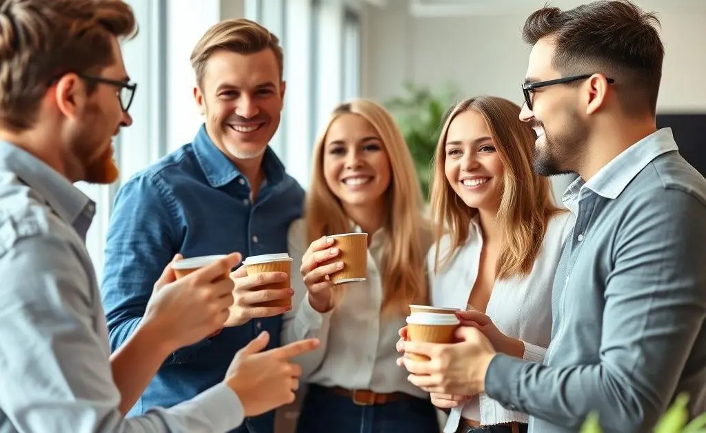 A friendly group of colleagues having coffee in an office setting