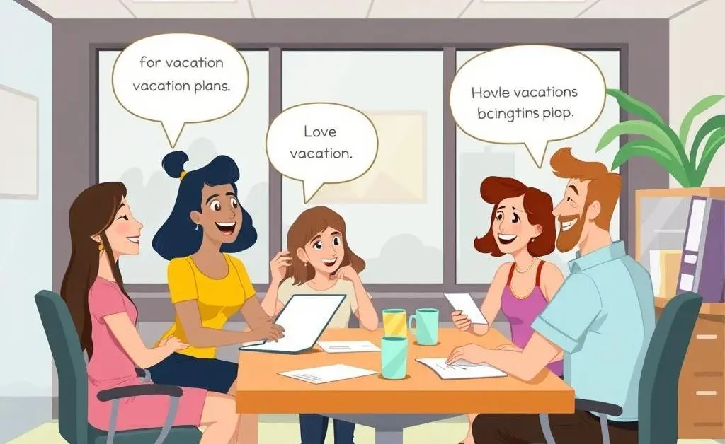 An office setting with people chatting about their vacation plans animated in a friendly style.