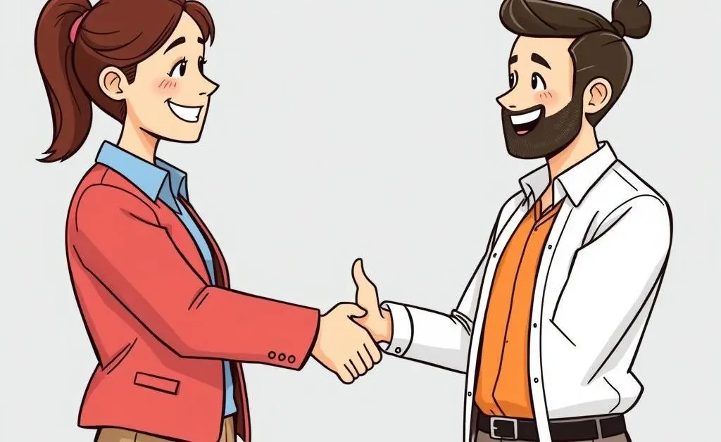 A friendly colleague welcoming a newcomer with a handshake