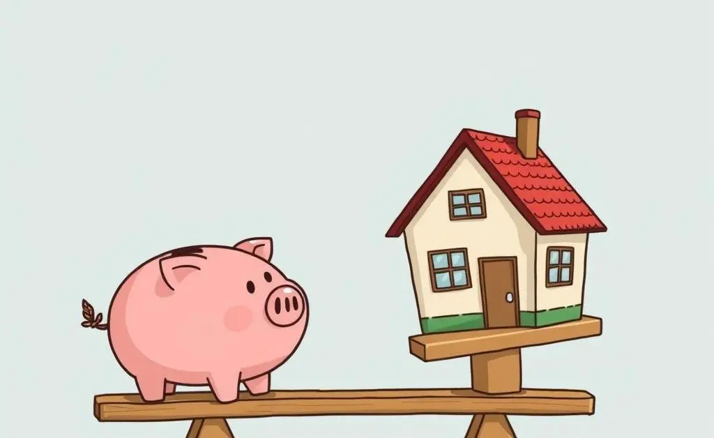 A cartoon illustration comparing a piggy bank with a house model on a see-saw