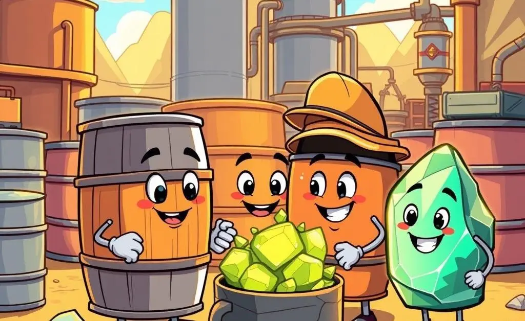 Cartoon illustration of oil and mineral resources