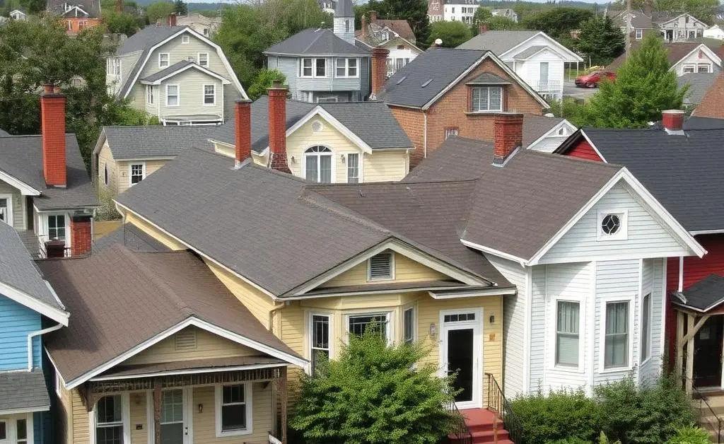 A neighborhood of small, old houses with diverse architectural features.
