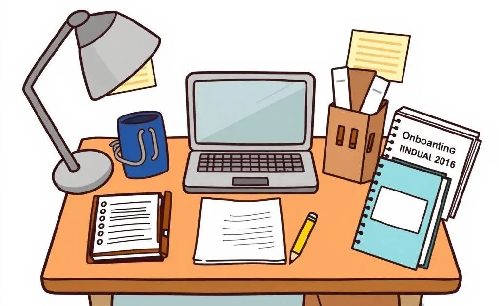 Cartoon of a desk with onboarding tools such as a laptop and planner