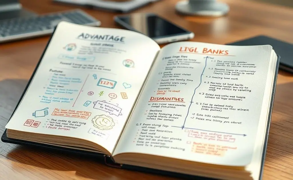 A notebook with sketches of pros and cons of different online banks