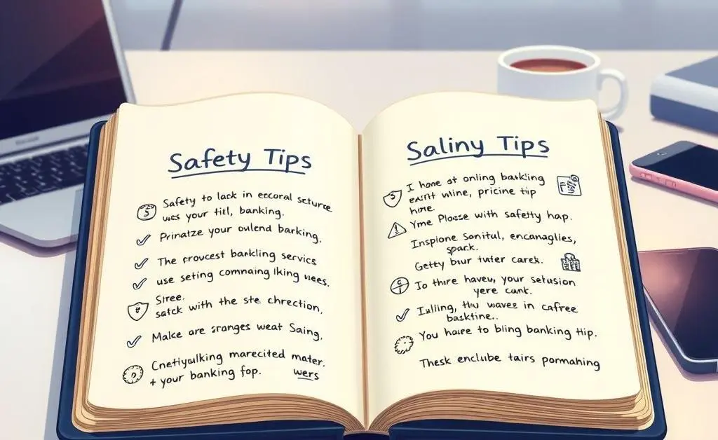 Illustration of a notebook with safety tips for online banking written on it.