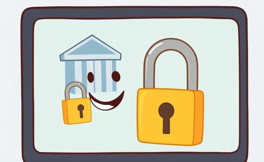 A cartoon scene of a person safely using online banking with a smiling computer locked with a padlock.