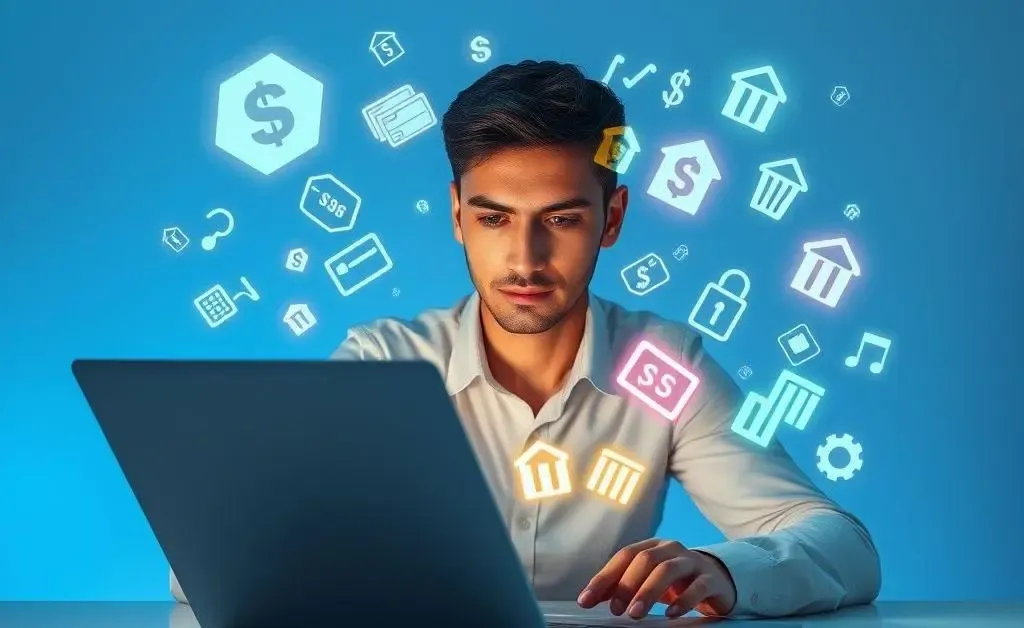 A person using a laptop with various banking icons floating above the screen.