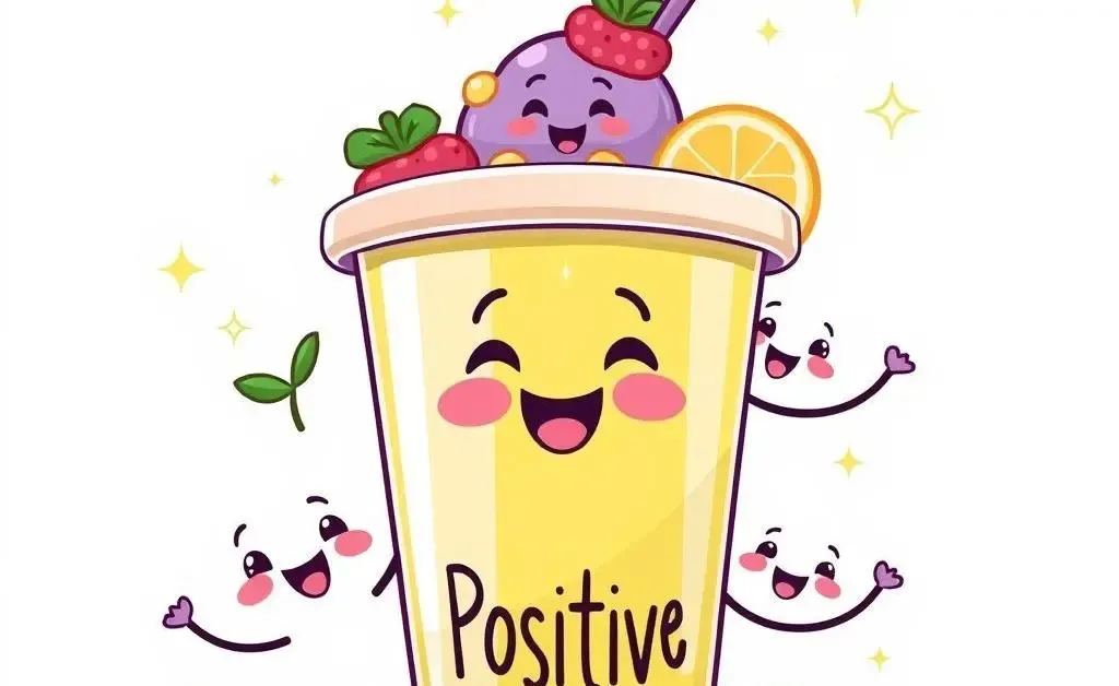 A cartoon smoothie named 'Positive Communication' with ingredients like empathy, patience, and understanding.