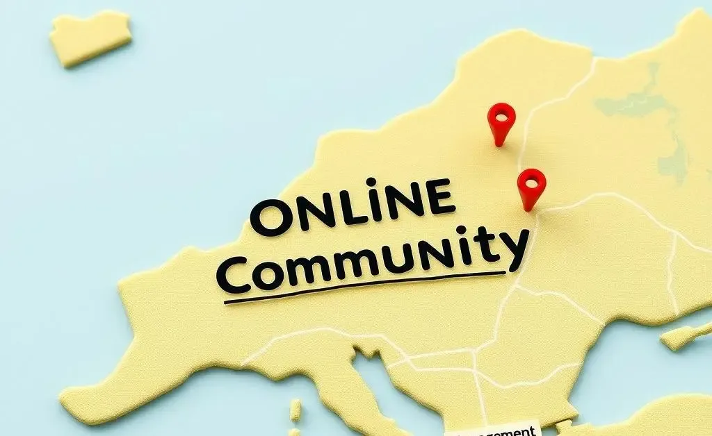 A fictional map labeled 'Online Community' with roads like 'Engagement Ave' and 'Report St'