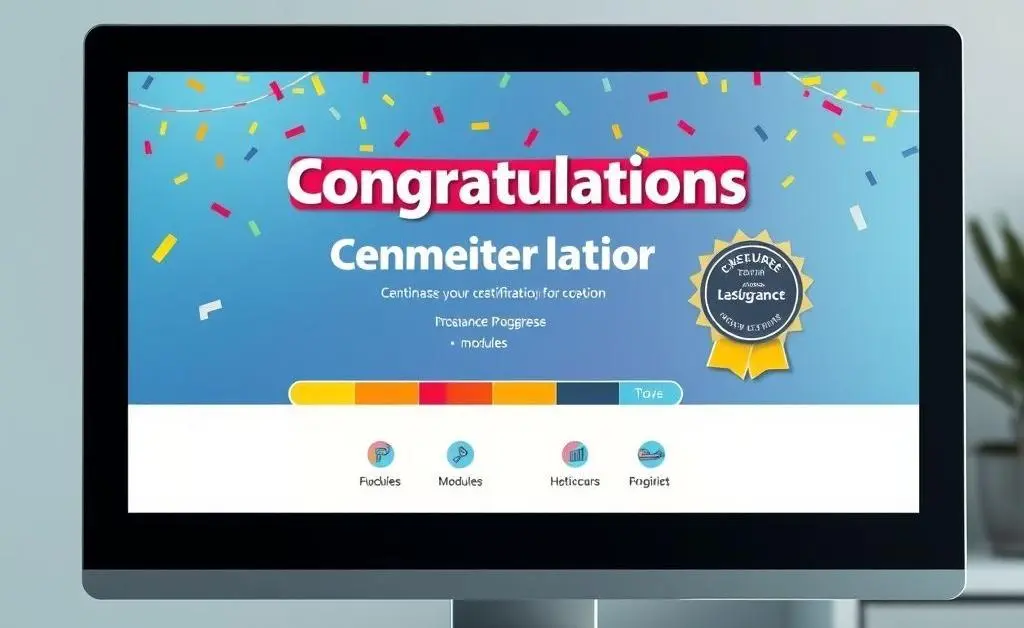 Illustration of a computer screen displaying an online certification course completion for insurance.