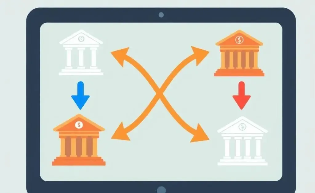 Illustration of a computer screen showing bank transfers between different banks.