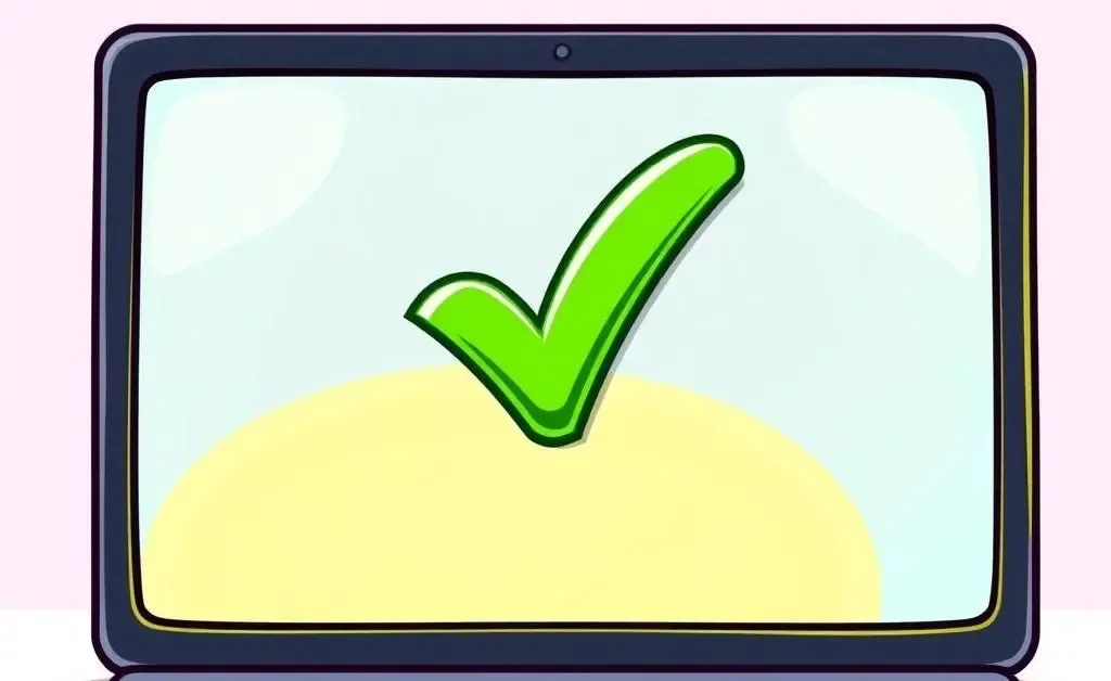 Cartoon-style image of a checkmark on a laptop screen indicating a successful purchase