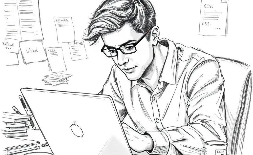 Hand-drawn image of a person researching medication costs on a laptop.
