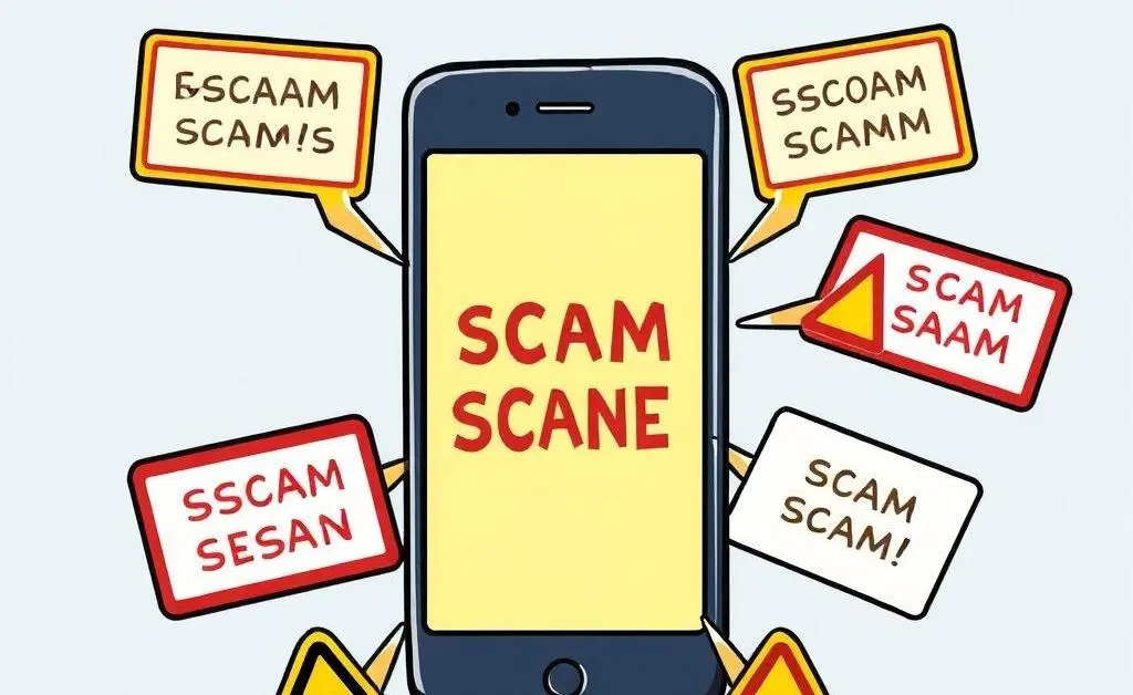 Warning signs around a phone with scam alerts