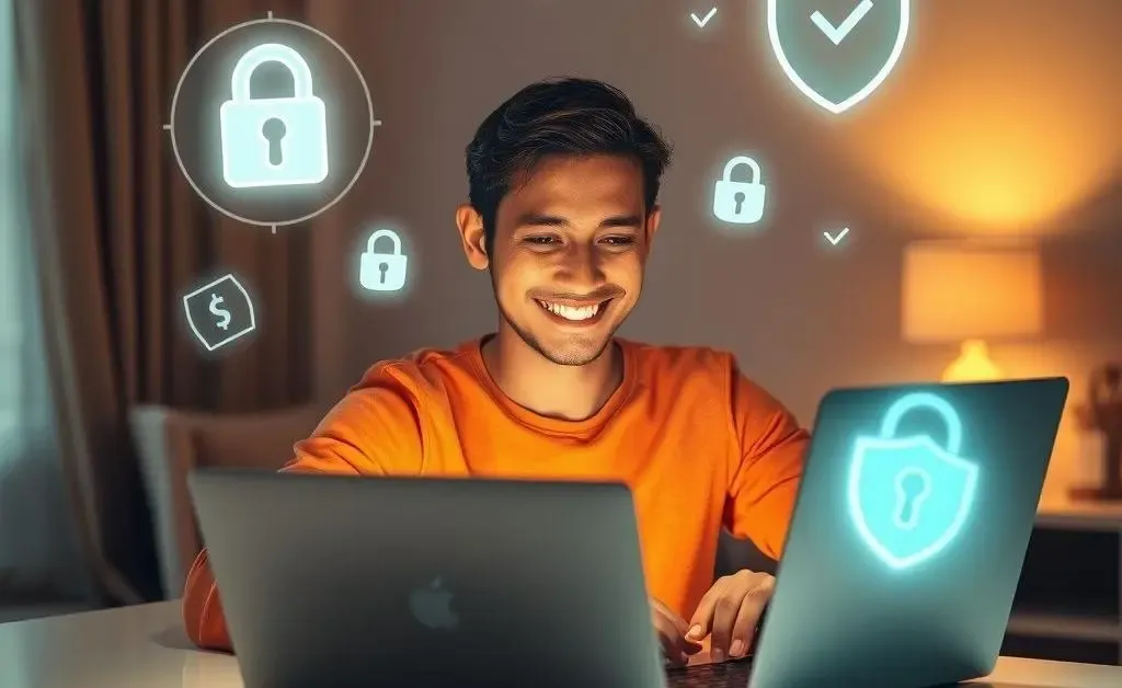 A person happily online shopping on their laptop, surrounded by security icons.
