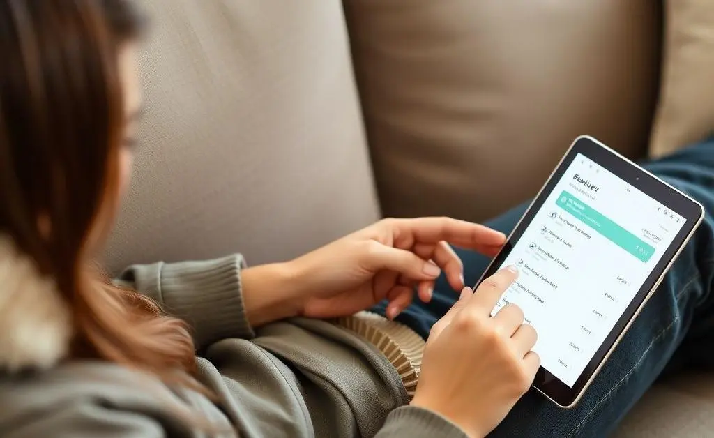 A person comfortably sitting on a couch, filling out an online survey on a tablet