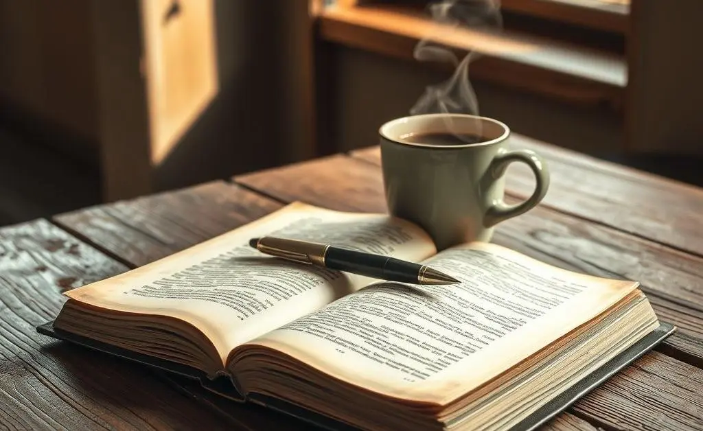 Open book with a pen and coffee cup on a table
