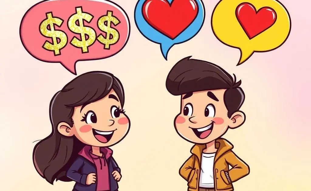 Two people talking with speech bubbles containing money symbols and a heart