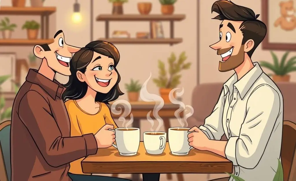 Illustration of a friendly open conversation between two characters over coffee