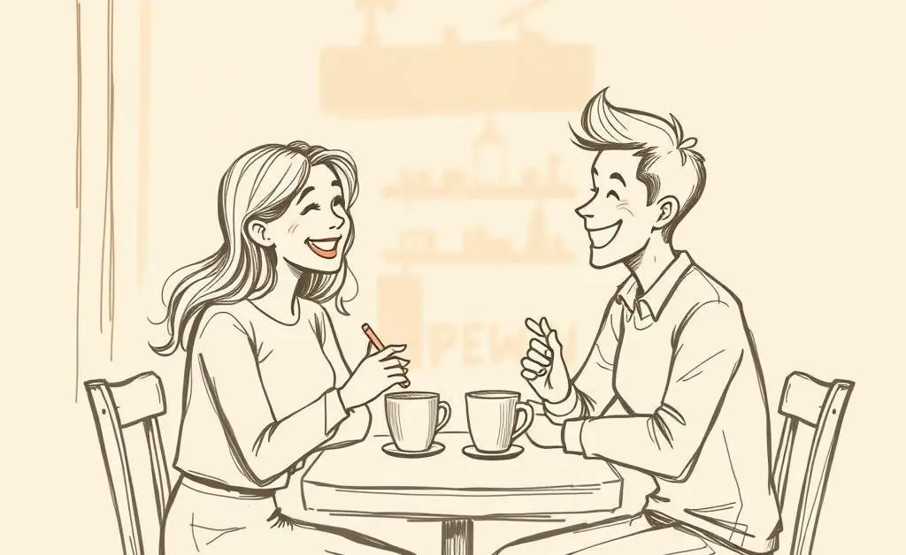 A couple having a light-hearted conversation over coffee.