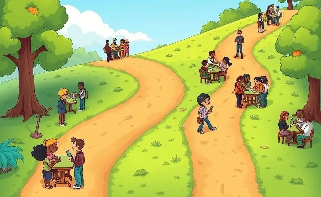 Pathway with forks leading to groups of people having discussions.