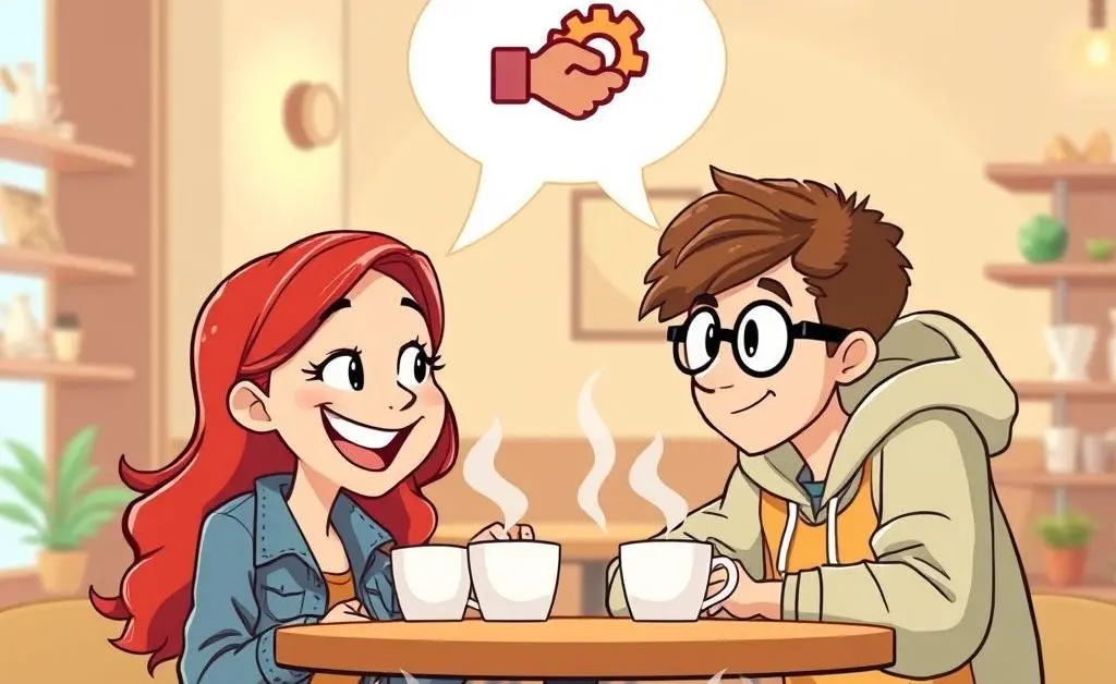 Two cartoon characters talking over coffee