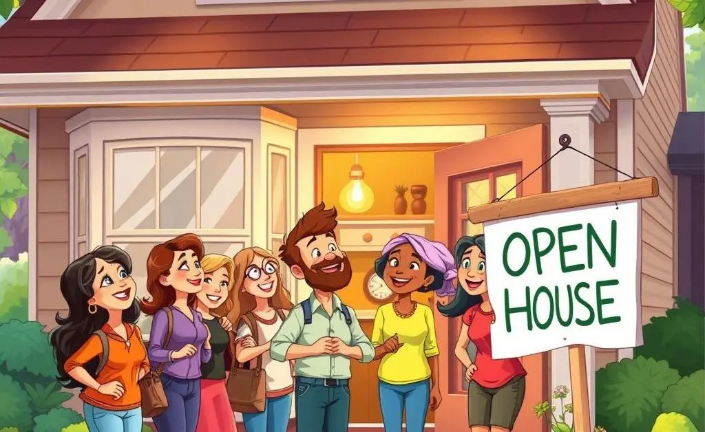 Cartoon of a friendly, vibrant group of potential buyers touring a cozy, welcoming home with an open house sign.