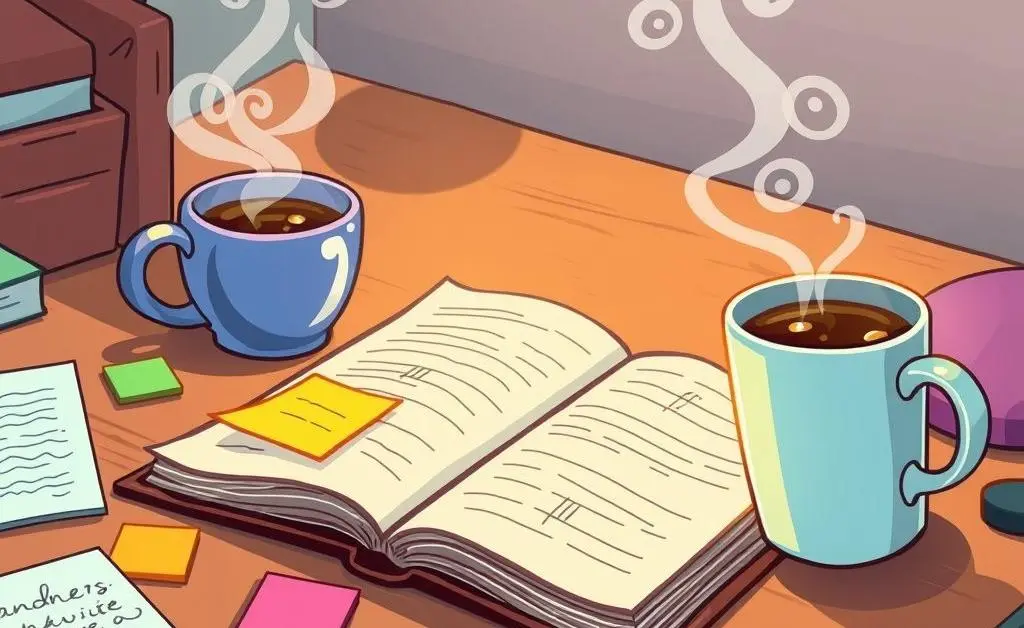 An open planner on a desk, filled with notes and a coffee cup.