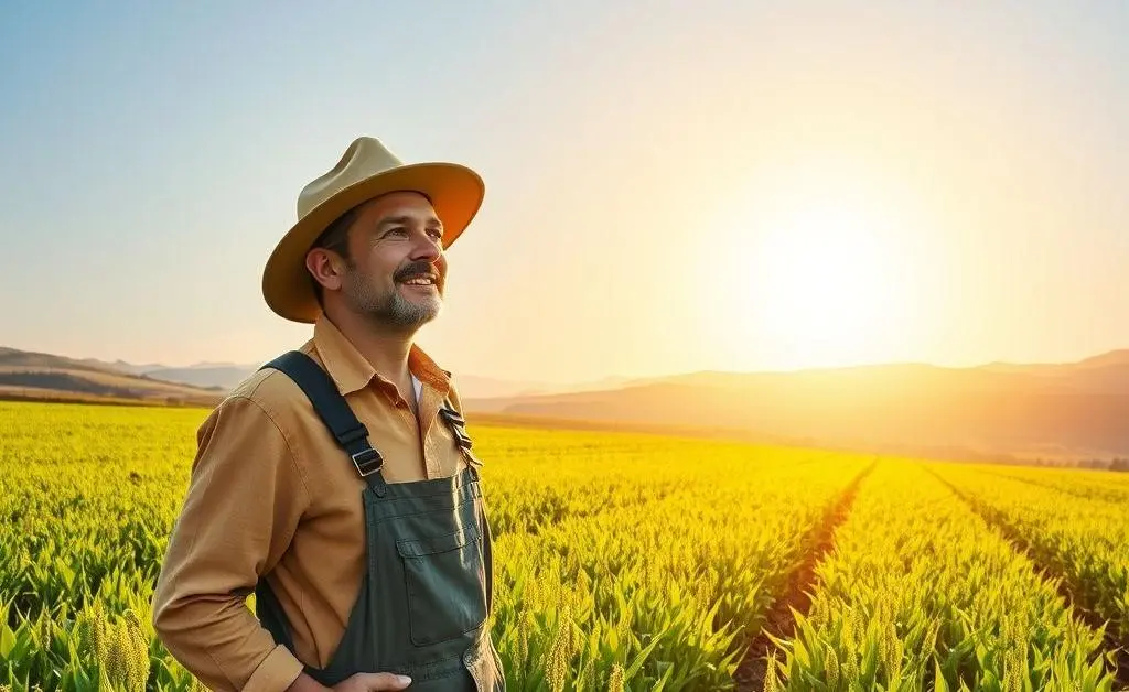 Depiction of a farmer looking optimistically toward the future of their farm.