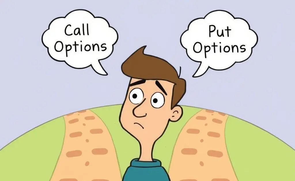 A cartoon of a person making a choice between call and put options