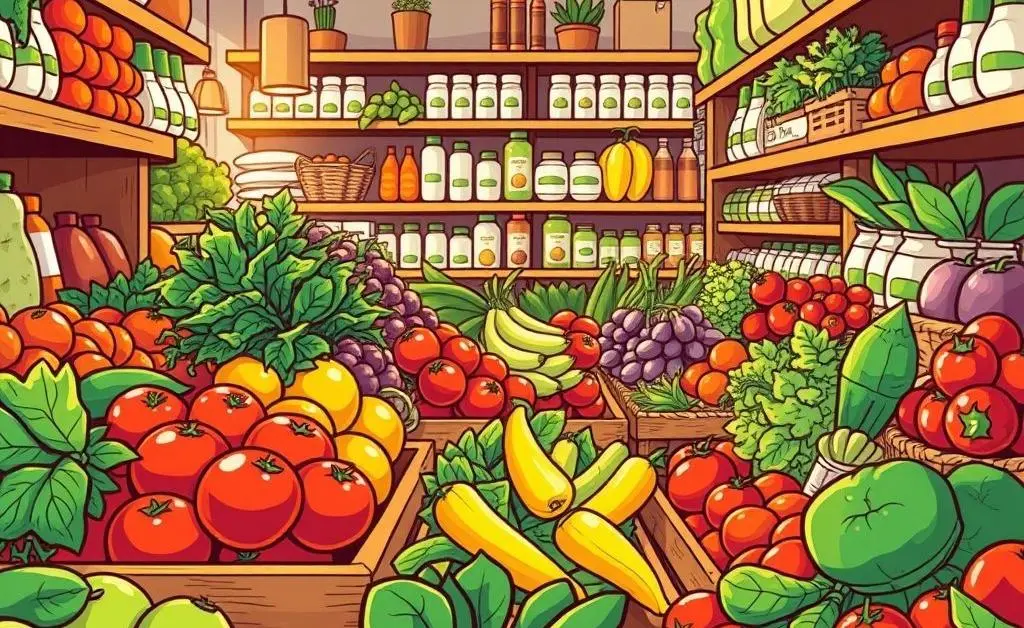 Cartoon-style illustration of an organic produce section with fresh fruits and vegetables.