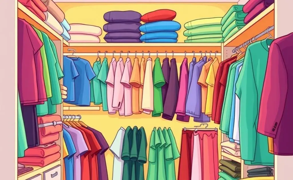 A cartoon drawing of a tidy closet with clothes neatly organized by color.