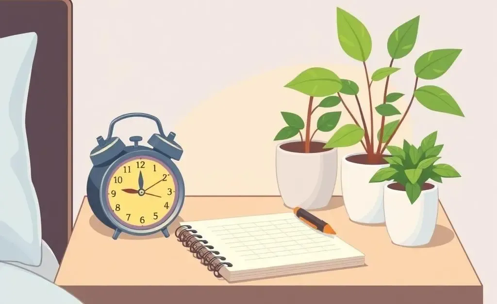 A bedside table with an alarm clock, a notepad, and a peaceful plant setup