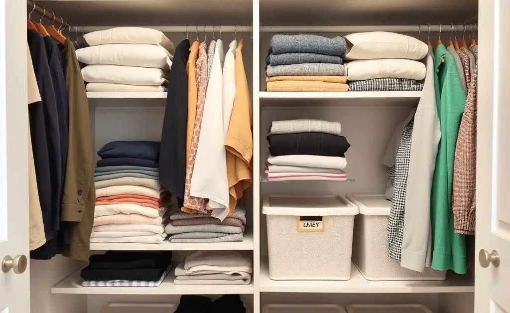 An organized closet with neatly folded clothes, showing ample space and clearly labeled storage boxes.