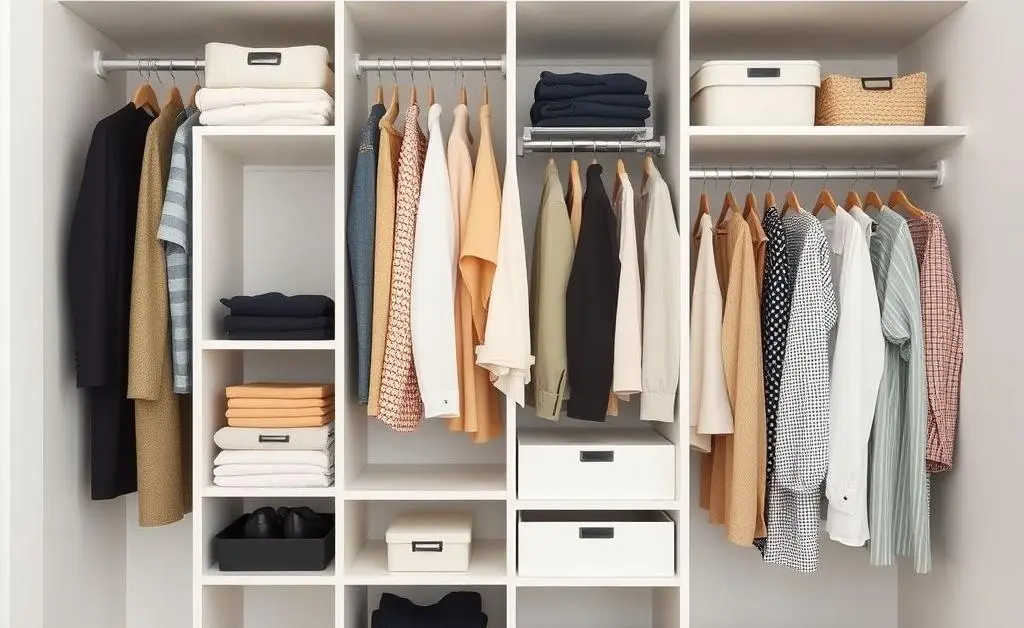 An organized and minimalist closet with neatly arranged clothes and a few boxes