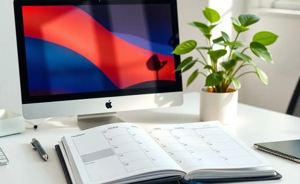 Clean, organized office desk with a planner, computer, and indoor plant, indicating productivity.