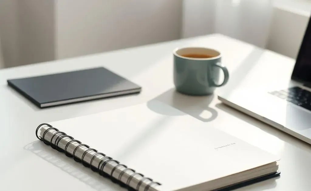 An organized desk with a neat planner, coffee mug, and laptop open.