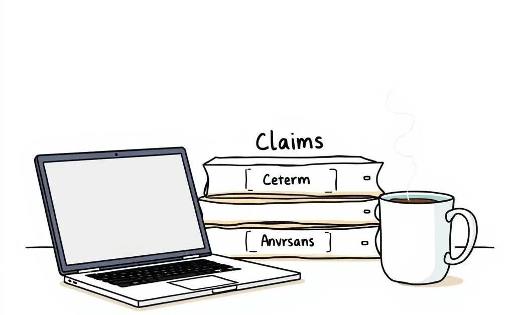 A hand-drawn image of an organized desk with files labeled 'claims', a laptop, and a coffee cup.