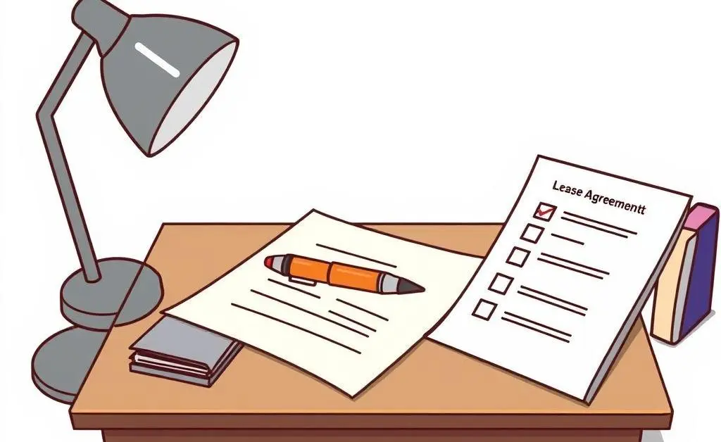 A neat desk with a pen, paperwork, and a checklist for lease agreements