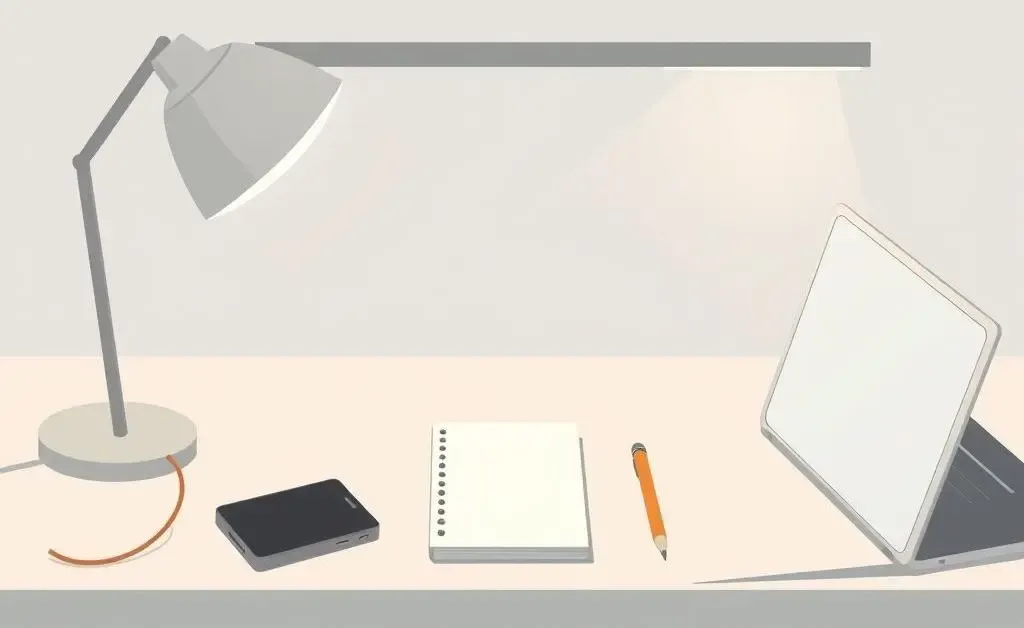 Modern minimalist illustration of an organized desk with communication tools like a phone, notepad, and computer.