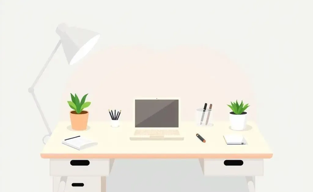 A minimalistic cartoon depiction of a tidy and organized home office desk setup.