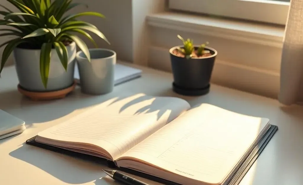 Organized desk with planner, pen, and plant in morning light