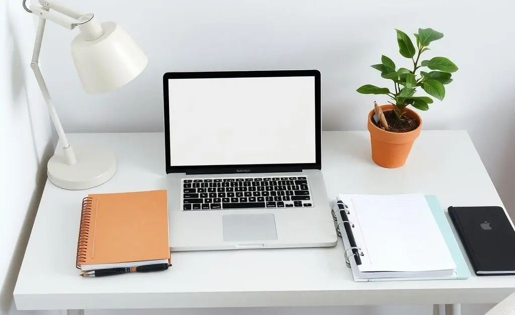 An organized, minimalist desk with a laptop, notebooks, and a potted plant