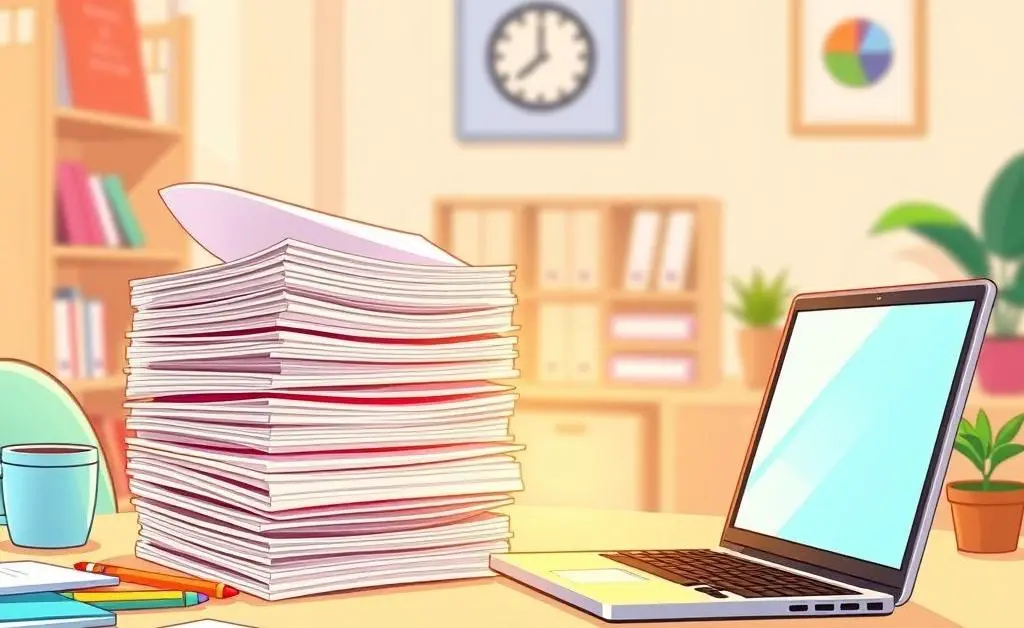 A cartoon-style illustration of a neatly organized desk with tax documents and a laptop.