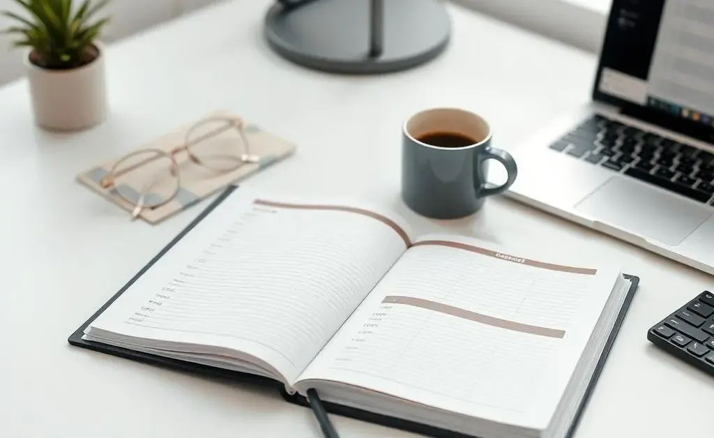 An organized desk with a laptop, a plant, and a mug