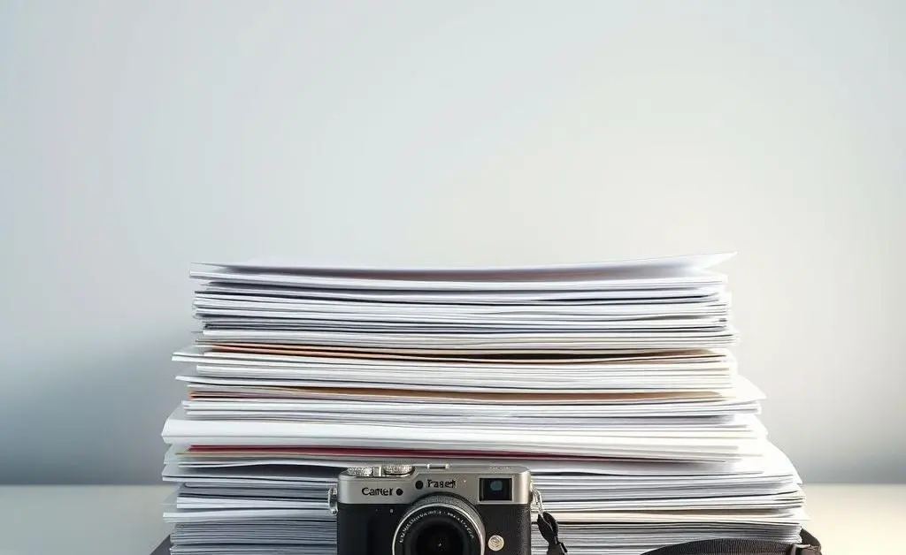 A tidy desk with neatly arranged documents and a small camera