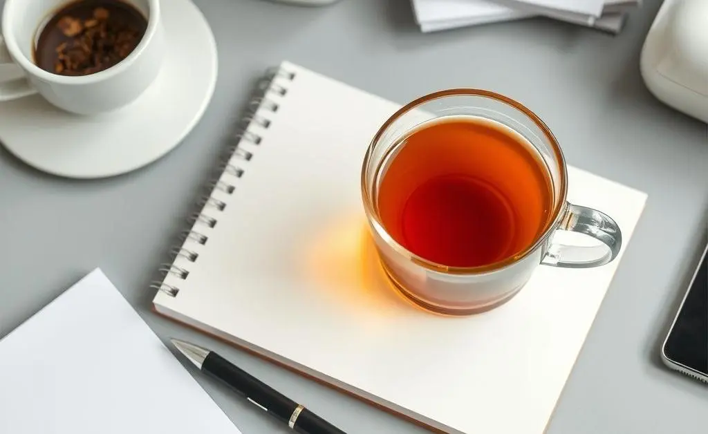 A well-organized desk with a notebook, pen, and a cup of tea, symbolizing productivity and focus.