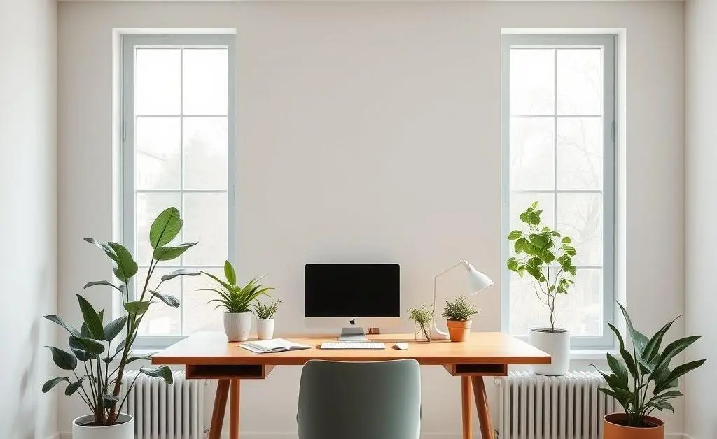 An organized desk in a minimalist home office with plants.