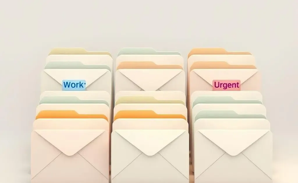 Illustration of well-organized email folders with labels like 'Work', 'Personal', 'Urgent' in a minimalist style.